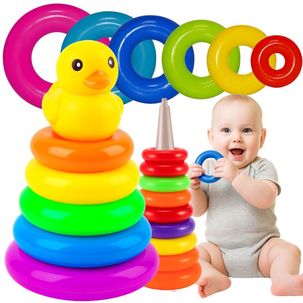 Brinquedo Infantil Torre De Argolas Bebê Torre De Empilhar Patinho Bebê  Arco-Íris Rainbow De 6 A 18 Meses em Oferta na Shopee