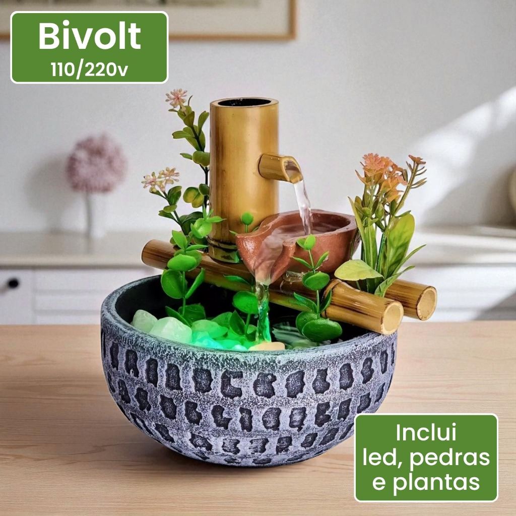 Fonte Agua Cromoterapia Decorativa Mesa Cascata Bambu Resina