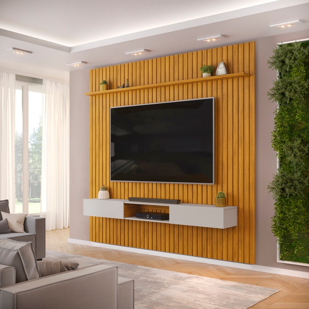 Painel com Bancada para TV até 75 Polegadas Ripado DJ Móveis Trento 250 Cedro Bali em Oferta na Shopee