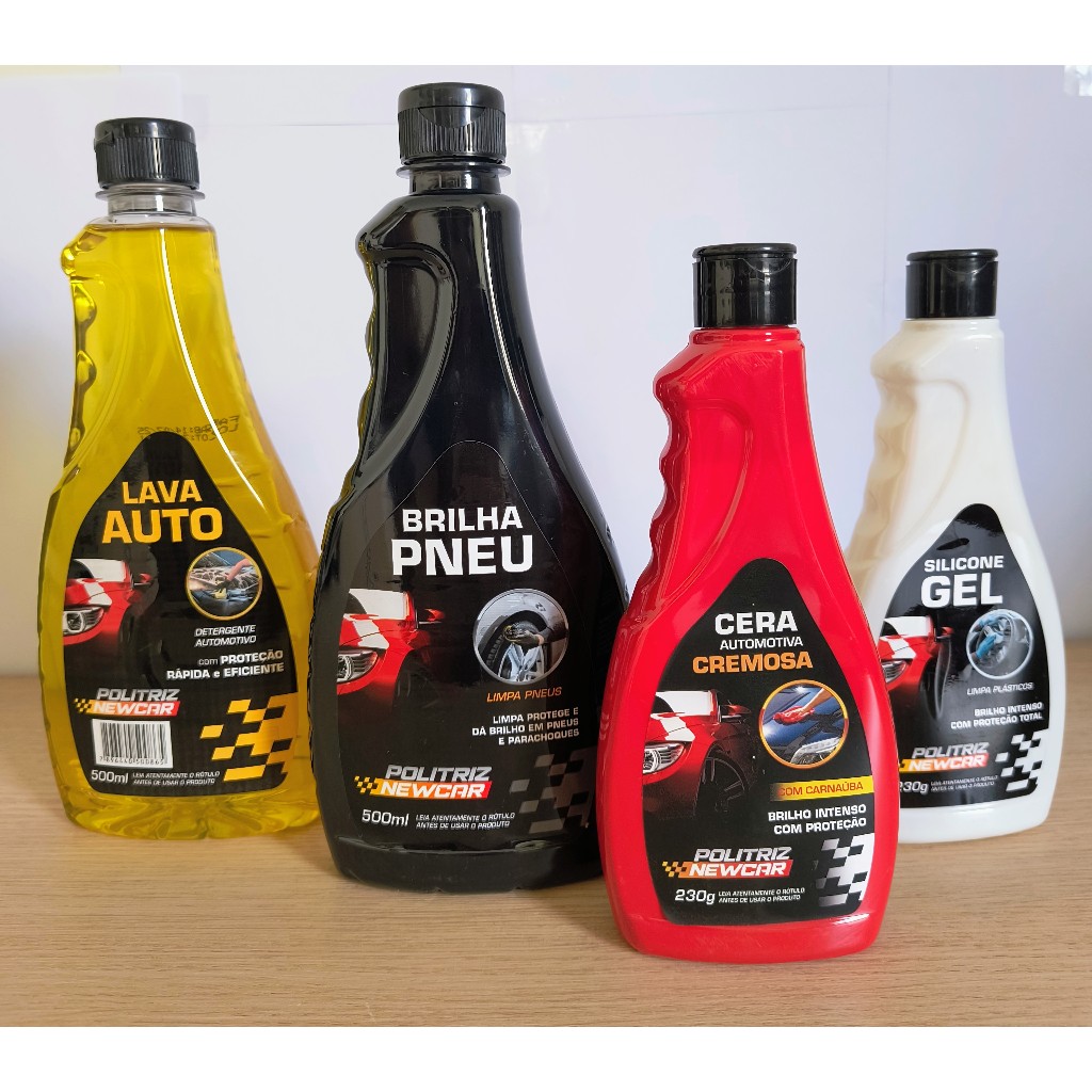 Kit Limpeza Automotiva Politriz- Detergente Automotivo- Brilha Pneu- Cera Cremosa- Silicone Gel - 1 unidade de cada