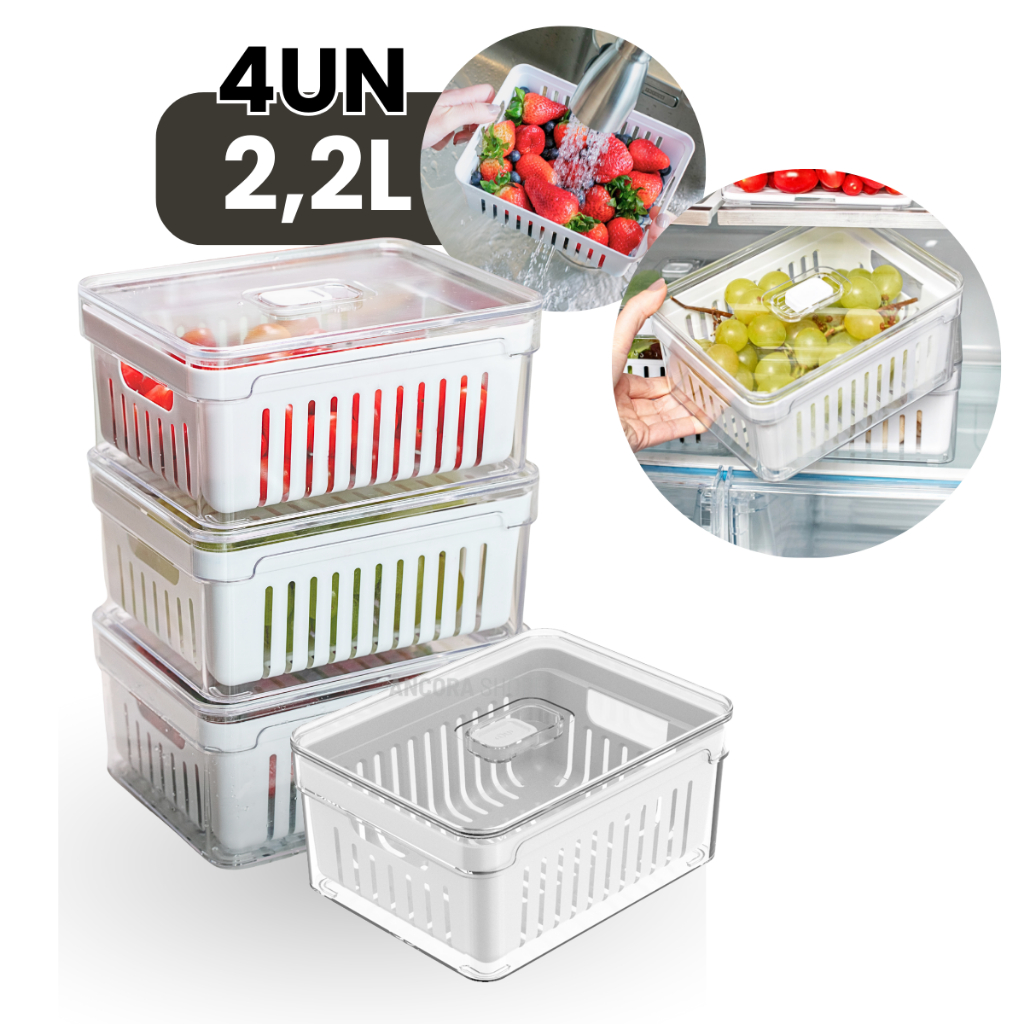 Kit 4un Organizadores de Geladeira 2,2L / 5L para Alimentos Vegetais Cozinha Frutas Clear Fresh em Oferta na Shopee