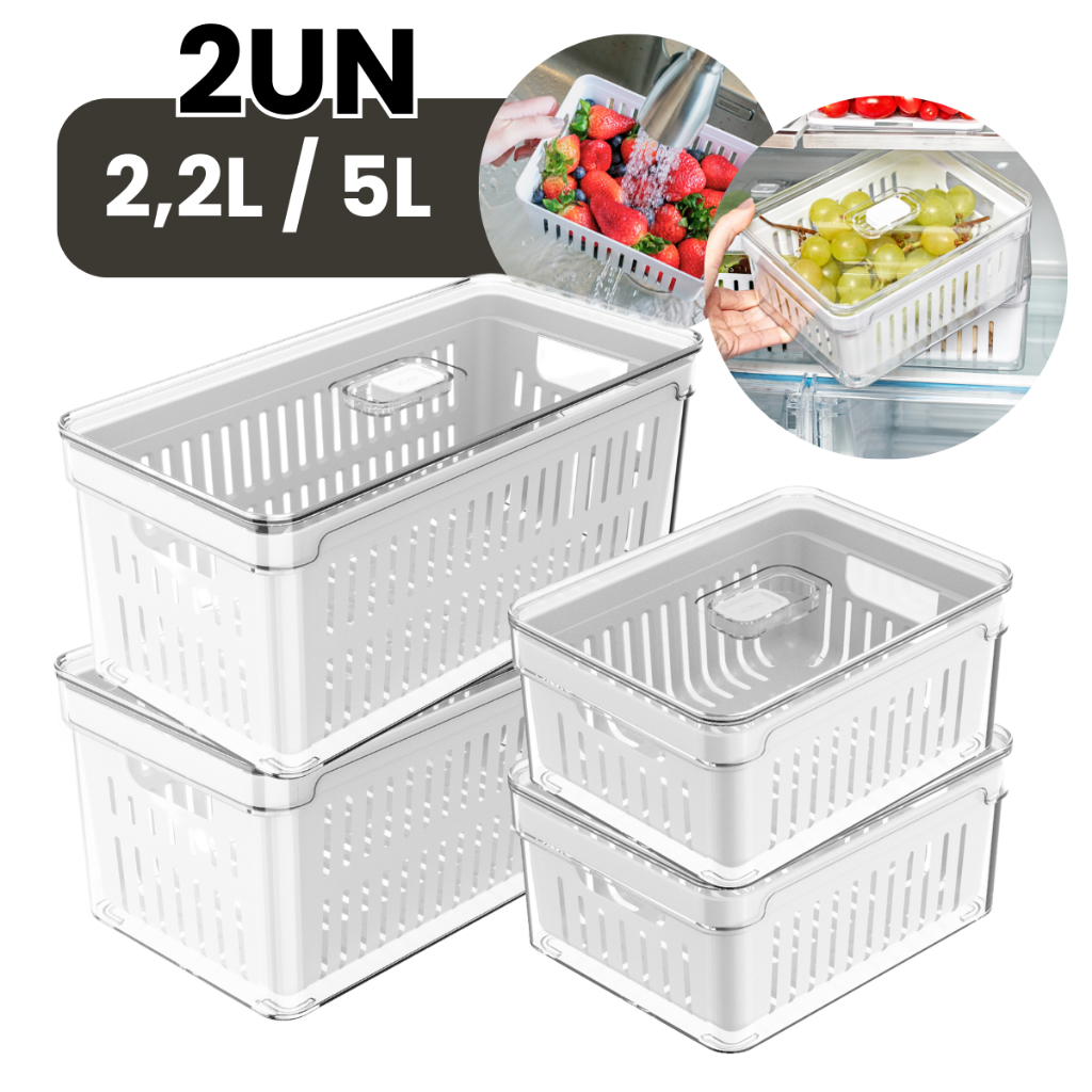 Kit 2 Organizadores De Geladeira 2,2L / 5 Litros Com Bandeja Drenagem Porta Frutas Legumes Vegetais