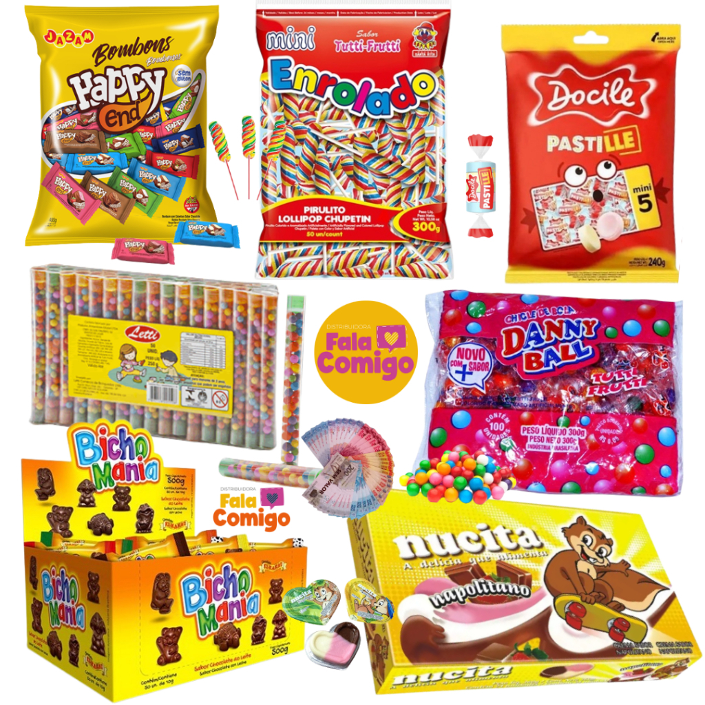 Kit 7 Guloseimas Nostálgicas Bombom Pirulito Nucita Tubetes Chiclete Pastilha Bicho Mania