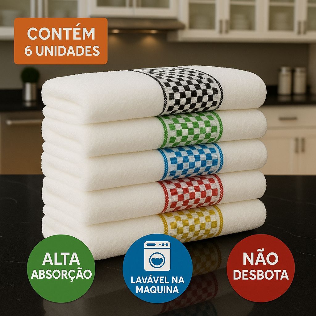 Kit 6 Panos de Prato Copa 40x65 Jacquard Atoalhado Toalha De Cozinha