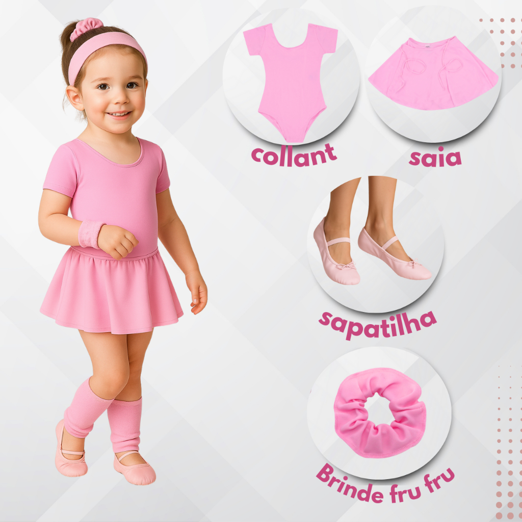 Kit Ballet Feminino Rosa 3 Peças + FruFru Brinde 2 a 12 Anos em Oferta na Shopee