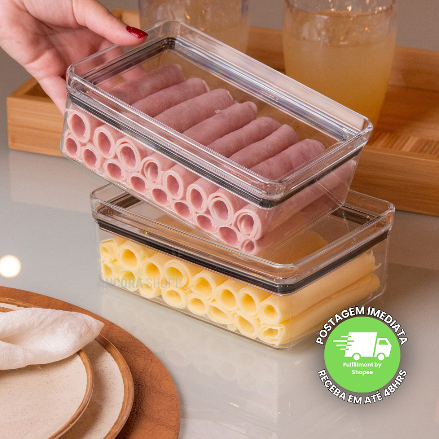 Kit 2 Porta Frios com Tampa Duplo 770ml Para Queijo Presunto Pote Hermético Mantimentos Ac...