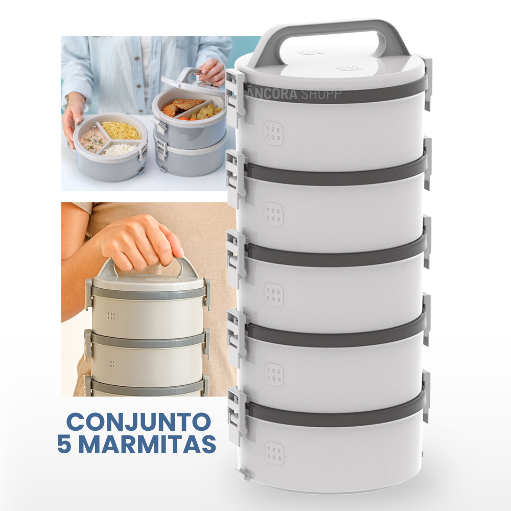 Kit 5un Marmita Térmicas 1,5L 5 Andares Marmitex Pote Hermético Vasilha Tampa e Trava Soprano Cinza em Oferta na Shopee