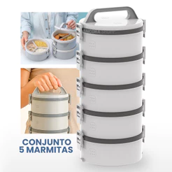Kit 5un Marmita Térmicas 1,5L 5 Andares Marmitex Pote Hermético Vasilha Tampa e Trava Soprano Cinza