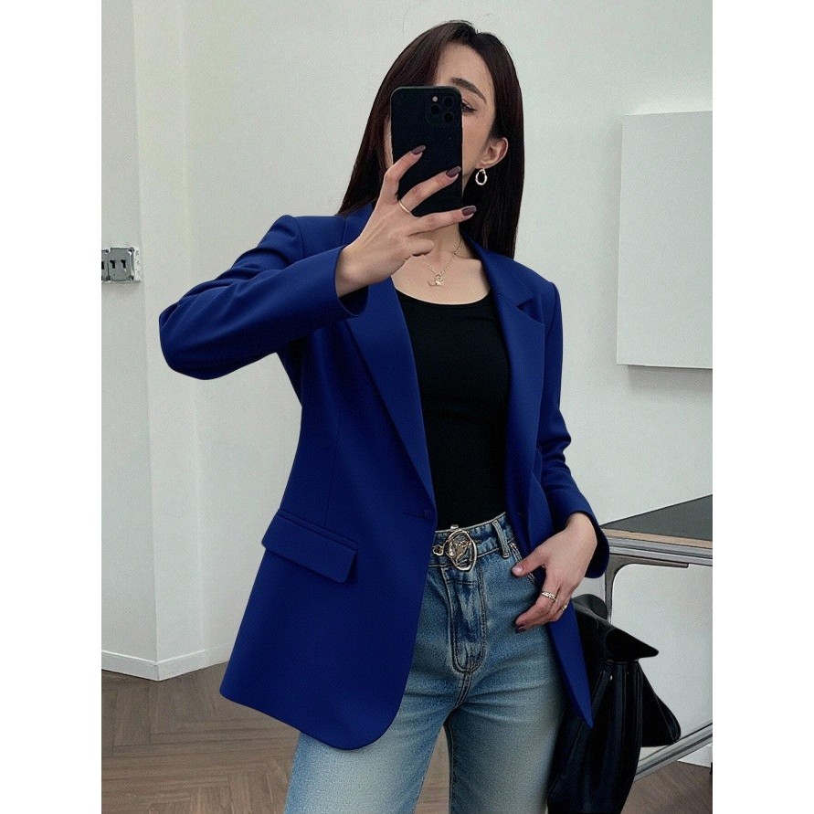 Blazer feminino com forro e ombreira bolso fake social para trabalho