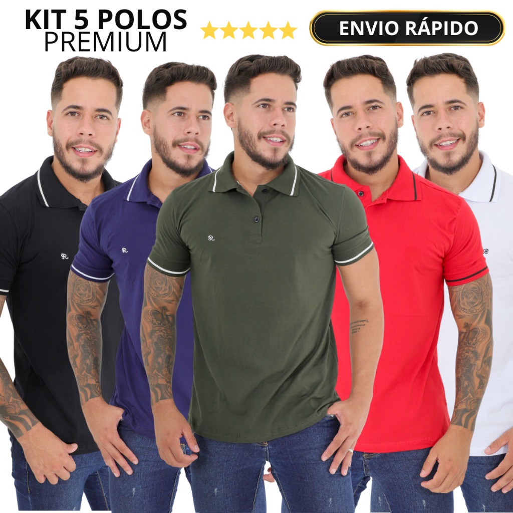 Kit 5 Camisas Polo Masculina Premum Lisa 100% Algodão - Tamanhos P ao GG