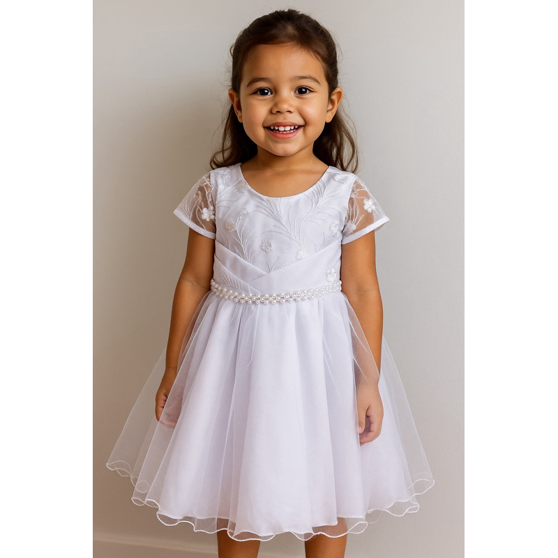 Vestido Infantil Branco – Renda, Pérolas, Batizado, Daminha e Festa Natal