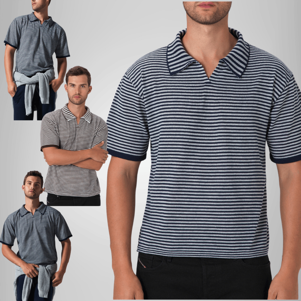 Camisa Polo Tricô Listrada Masculina Casual Confortável Moderno Atemporal Chic Leve Listra