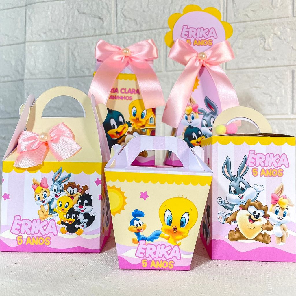 Caixinhas Baby Looney Tunes rosa personalizadas aniversário festa infantil lembrancinha caixinha milk cone pegue e monte