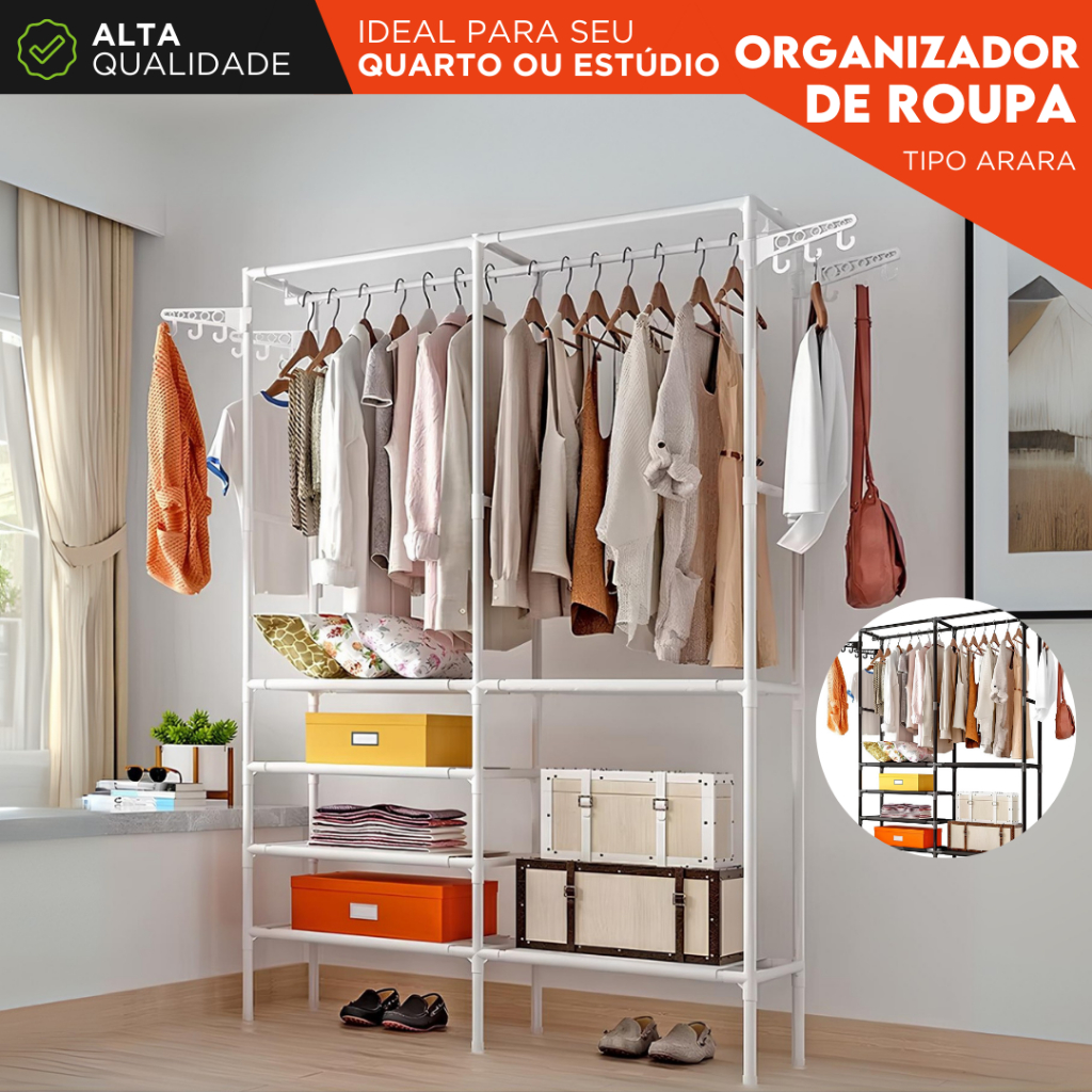 Guarda Roupa Arara Portátil Organizador de Roupas C/ Prateleiras e Divisórias Estrutura Reforçada NL