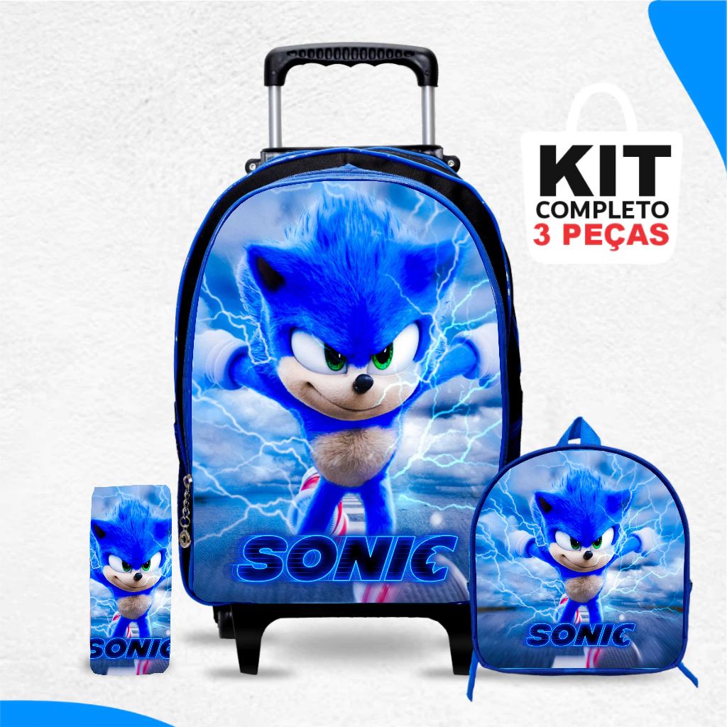 Kit mochila escolar Sonic com lancheira e Estojo - com Rodinhas - Menino -Masculino
