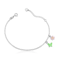 Pulseira Feminina de Prata 925 Borboleta e Florzinha Resinada