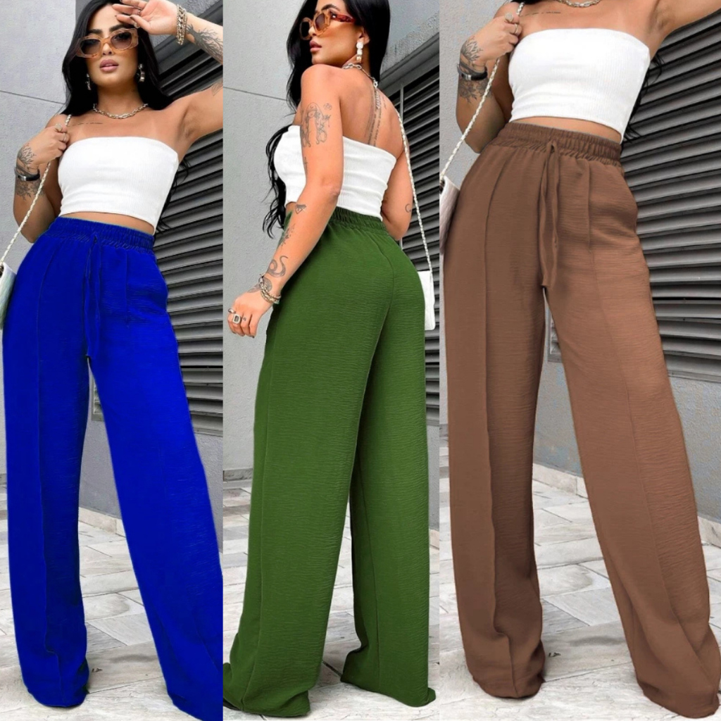 Calças Feminina Pantalona Wide Leg Duna com Bolso Cintura Alta Tendência