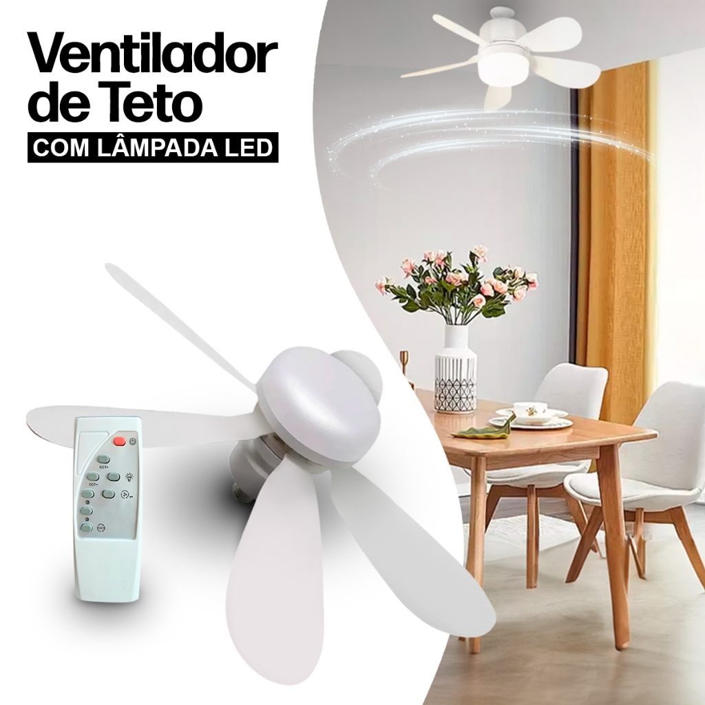 Ventilador Luminária Led 5 Pás Lâmpada Soquete Bocal E27 Teto 3 Cores Luz Branco Amarelo