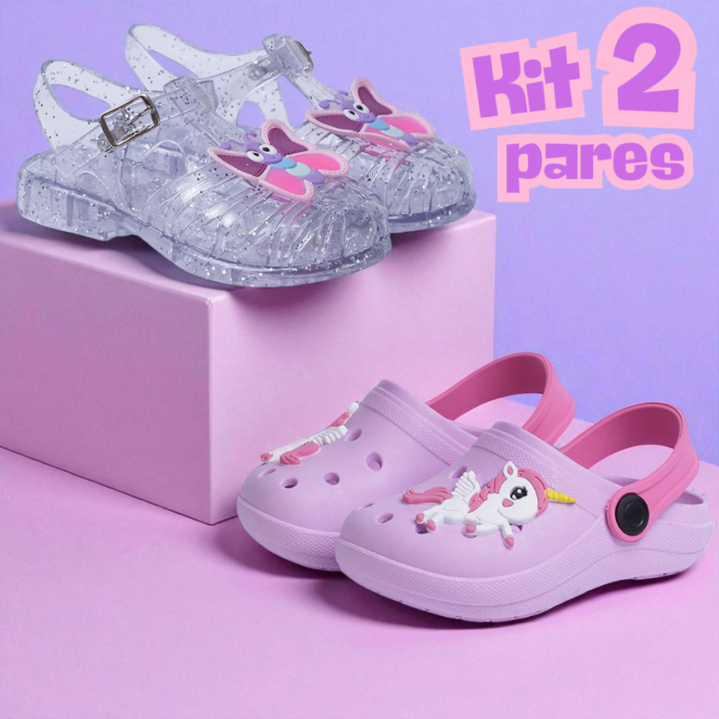 Kit 2 Pares Sandália Infantil Menina Borboleta e Babuche Feminino Unicórnio Confortável
