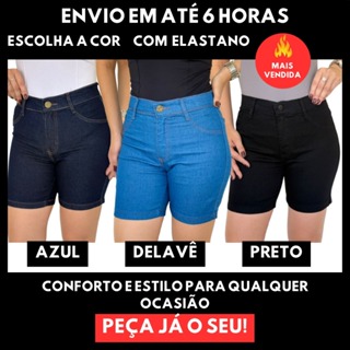 Bermuda Meia Coxa Jeans Feminina Elastano Lycra Cintura Alta Short Levanta BumBum em Oferta na Shopee