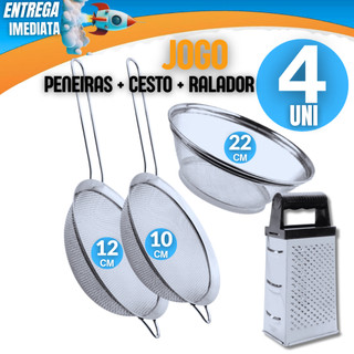 Conjunto 4 - 02 Peneiras12cm 10cm + 01 Cesto 22cm Multiuso Coador Inox + Ralador Linha Premium Casa Cozinha Bar
