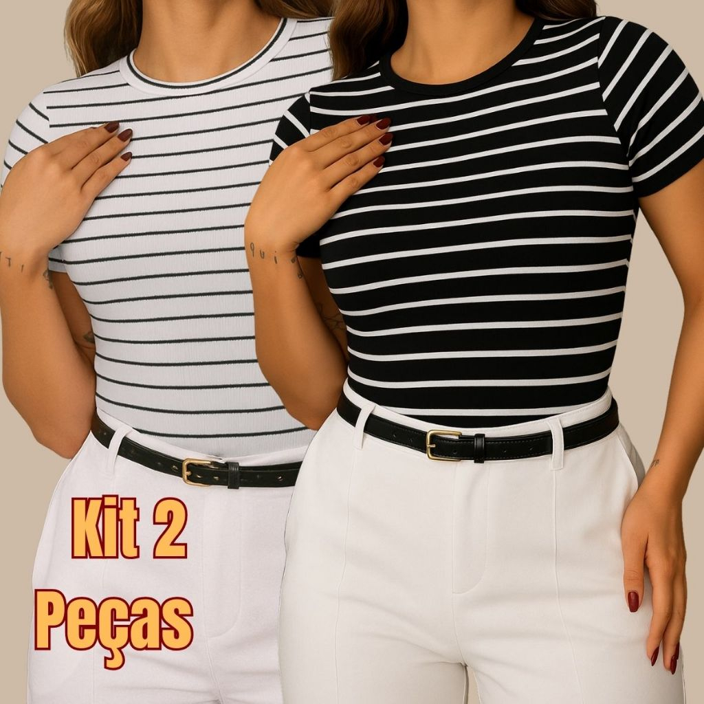 KIT 2 Blusinha Feminina Manga Curta | Blusa Listrada Canelada Verão Casual Estilo Baby Look em Oferta na Shopee
