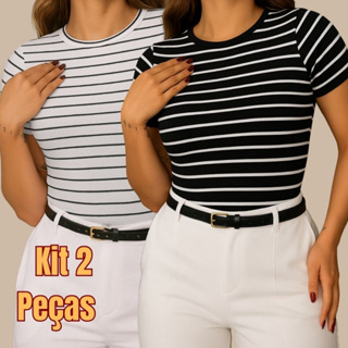 KIT 2 Blusinha Feminina Manga Curta | Blusa Listrada Canelada Verão Casual Estilo Baby Look em Oferta na Shopee