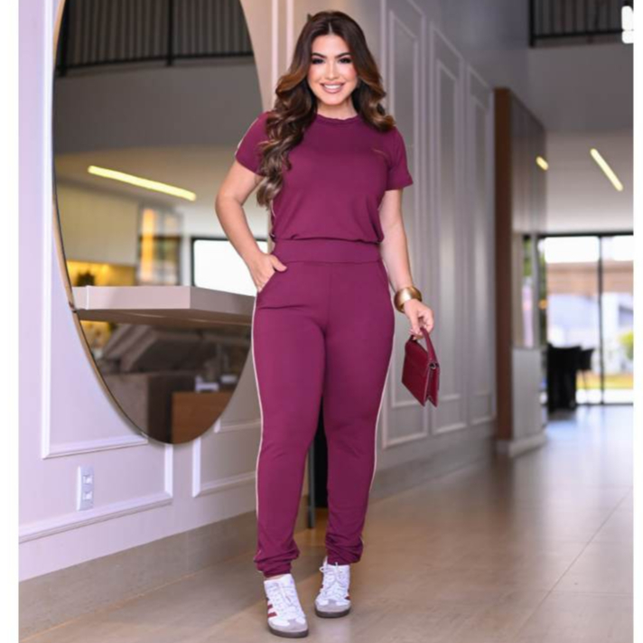 Conjunto Feminino Casual Blusa Calça Elegante Moletinho Premium com Listras Academia Fitness Confortável Roupa Feminina