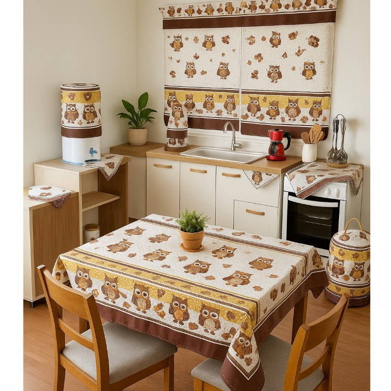 Jogo Cozinha 10 Peças Oxford Estampado Com Cortina De Janela e Toalha De Mesa em Oferta na Shopee