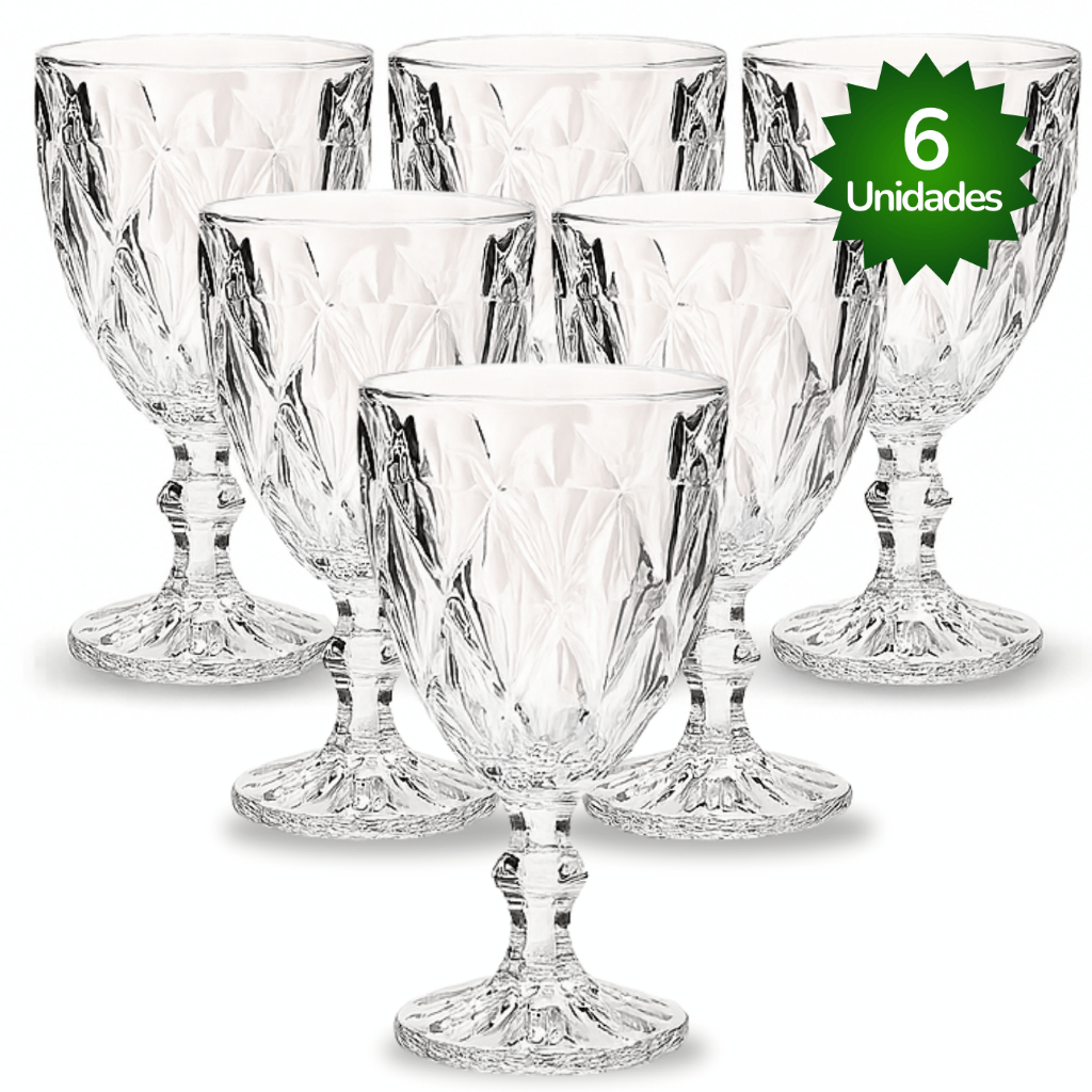 Jogo Kit 6 Taça Diamante Copo Vidro Transparente Bico De Jaca 340ml