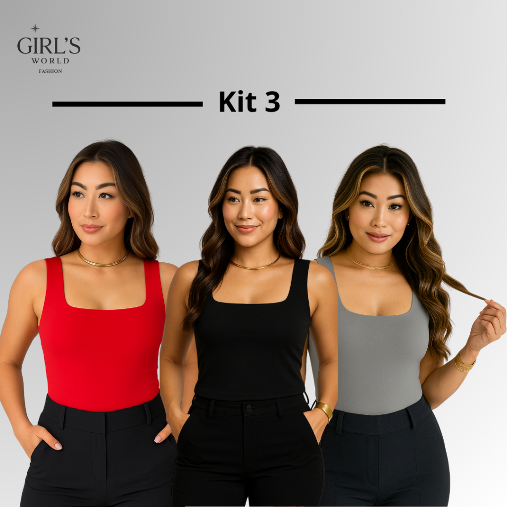 Kit 3 Body/Bory Bodies Feminino Básico Suplex Regata Com Forro Duplo Decote Quadrado