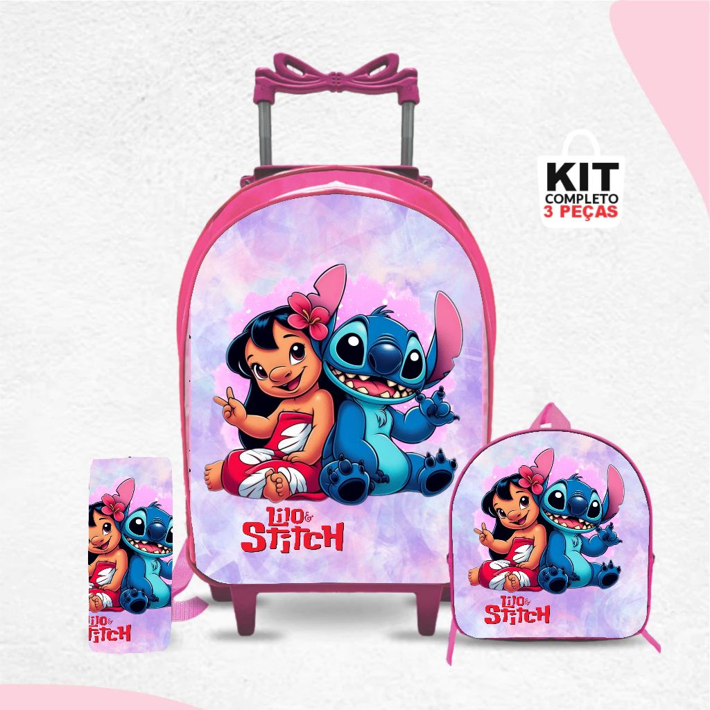 Kit mochila escolar Stitch com lancheira e Estojo - com Rodinhas - Menina-Feminino em Oferta na Shopee