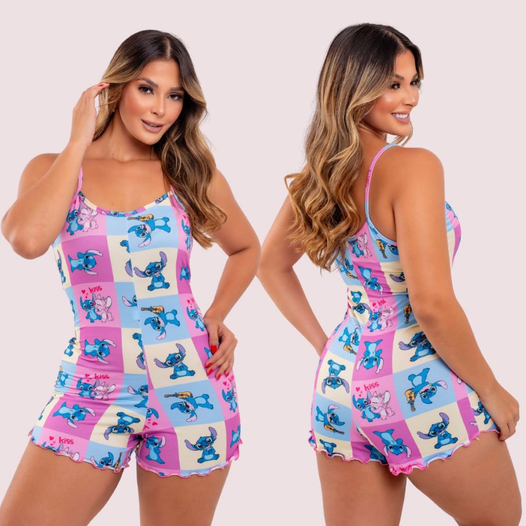 Pijama Feminino Baby Doll Curto Macaquinho Stitch