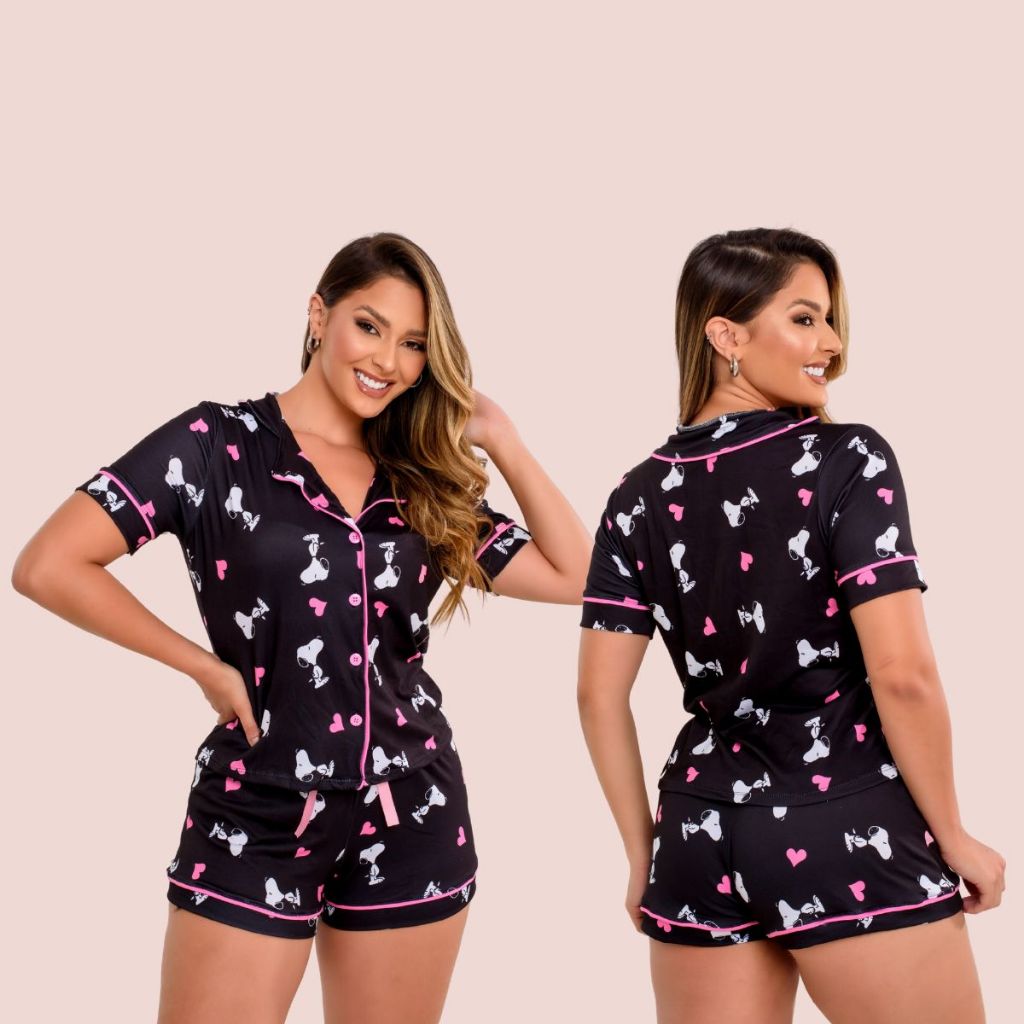 Pijama Estilo Camisaria Snoopy Curto Aberto Frente Conjunto Dormir Botão Para Viagem