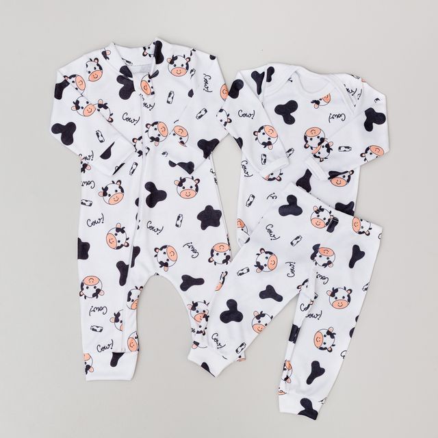 Kit 3 Peças Bebê Suedine  Vaquinha Branco Unissex Antialérgico 100% Algodão Body Calça e Macacão Longo