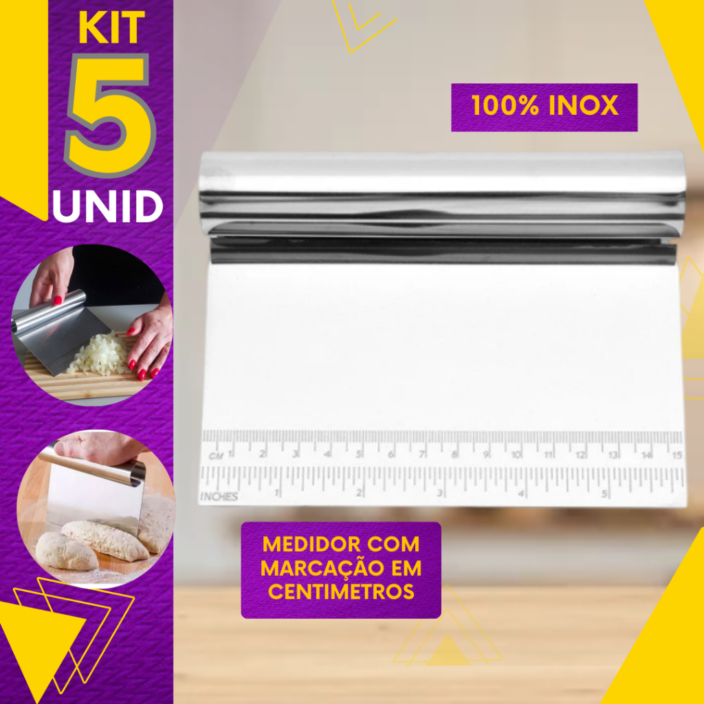 5, 3 ou 1 - Espatula Raspadora Cortador Aparador Separador Inox Régua 15cm Alimentos Massas Legumes