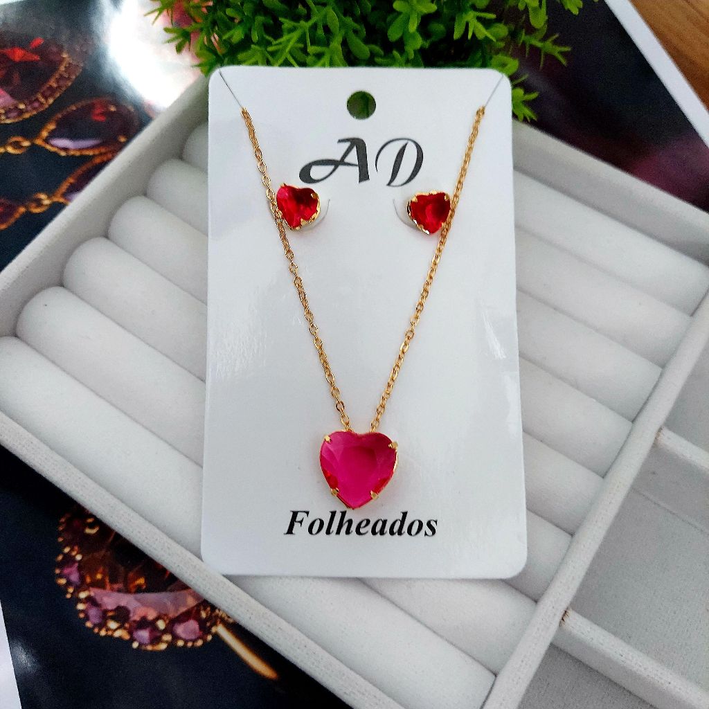 Conjunto Colar e Brincos Cristal CORAÇÃO Ponto de luz Folheado a Prata 925 e Ouro 18K em Oferta na Shopee