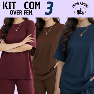Kit com 3 Blusa Feminina Over Estilo Camiseta Comprida