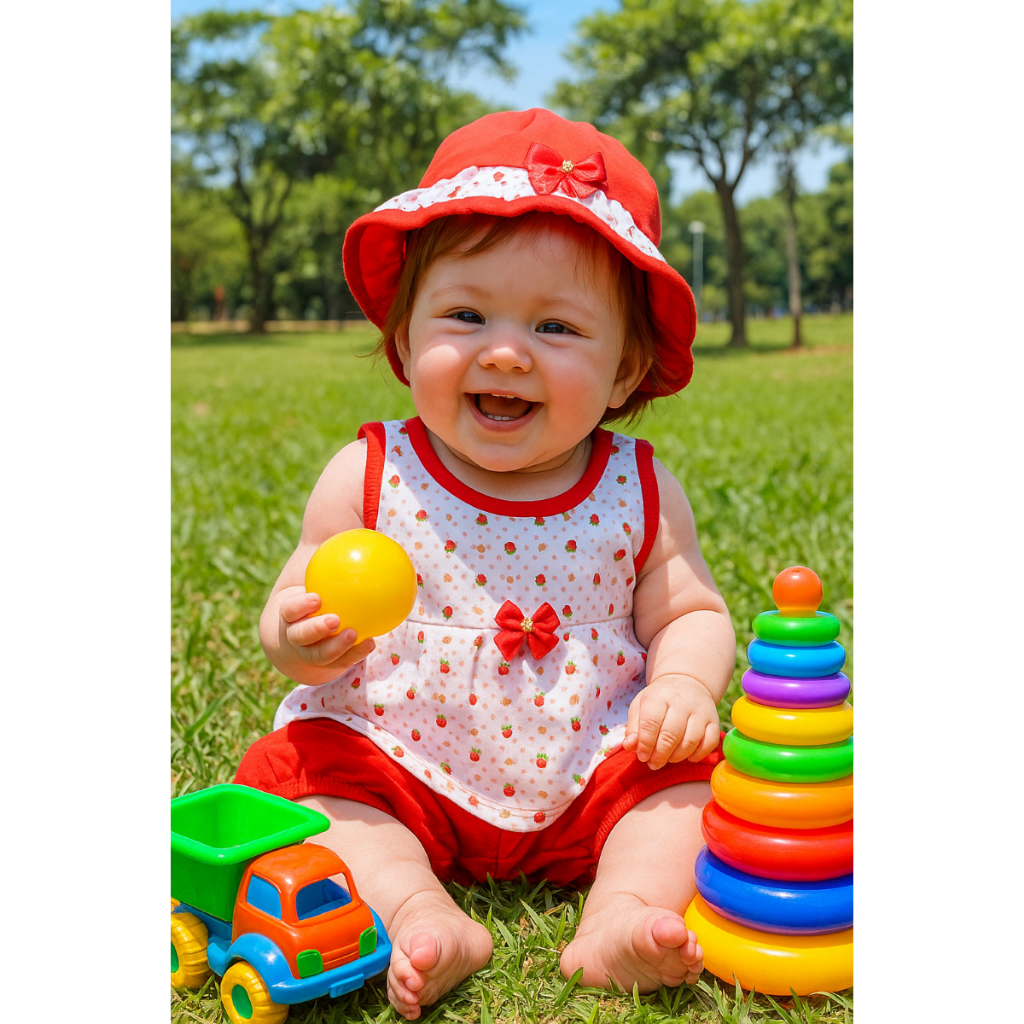 Kit 3 Peças Conjunto Bebê Menina 0 á 3 Bata Short + Chapéu Estampado Moda Verão Conjunto de Calor