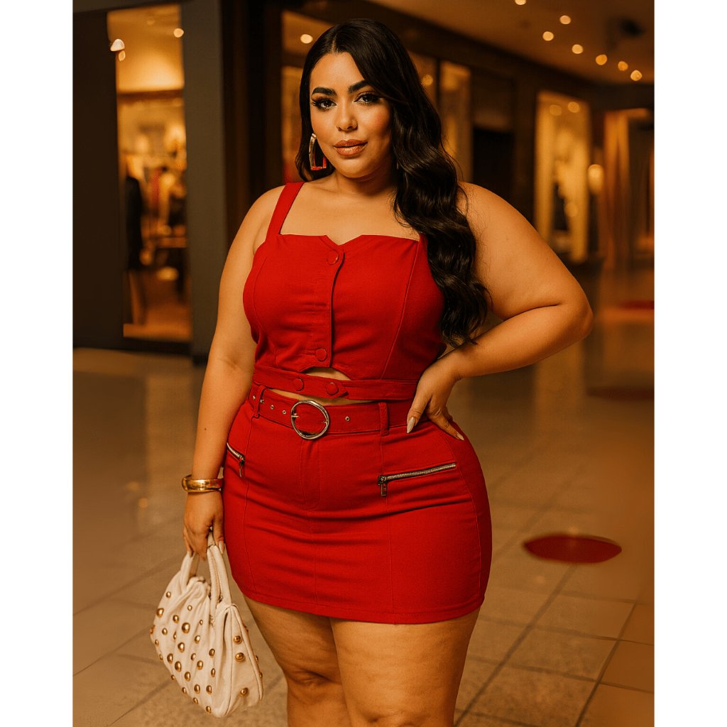 Conjunto Feminino Plus Size Preto 46-48 | Scuba Premium Short-Saia Zíper + Colete Moderno