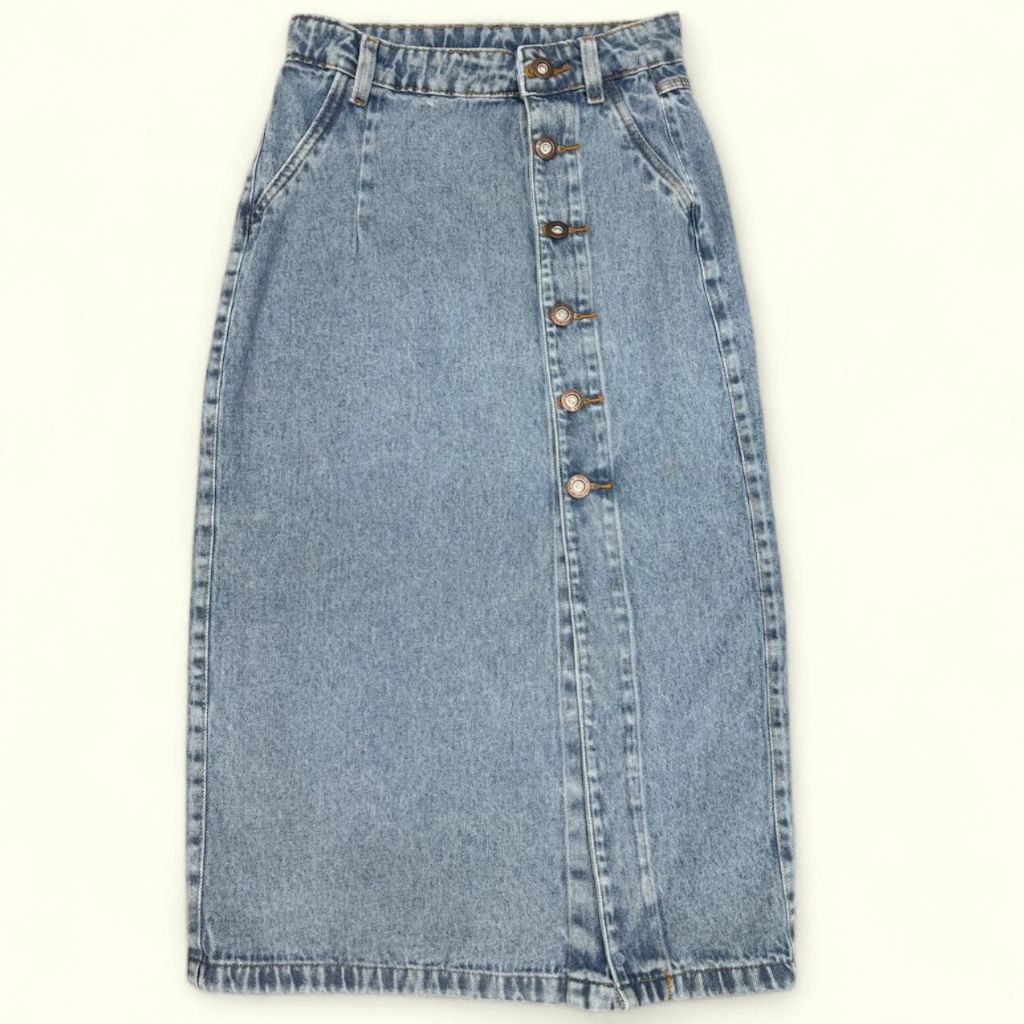 SAIA MIDI JEANS FEMININA FRETE COM BOTÃOS em Oferta na Shopee