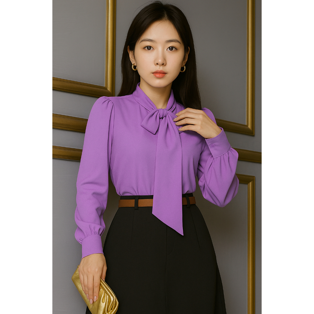 Blusa Camisa Lilás Lavanda Roxa Coreana Dorama K-Pop Korea Laço Gravatinha Manga Longa Evangélica Renda Social Trabalho