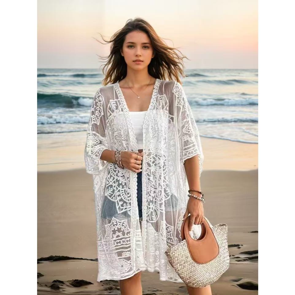 Praia-26504Cardigan See-through Thin Lace Bordado De Três Trimestres Manga Sólida Cor Mif Comprimento Solto Ponto Aberto em Oferta na Shopee