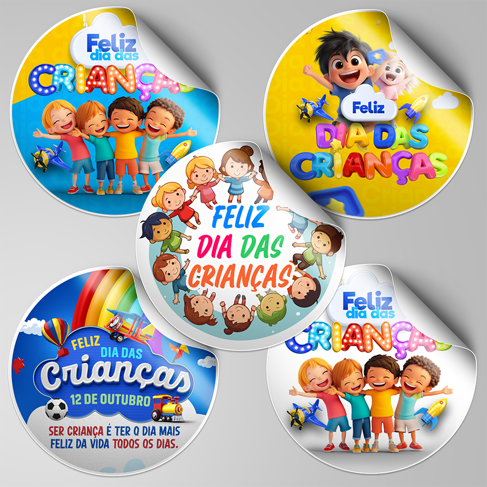 Kit 120 Adesivos Dia das Crianças 4x4cm – Vinil à Prova d’Água, Recorte Eletrônico, Lembrancinhas, Sacolinhas e Decoraçã