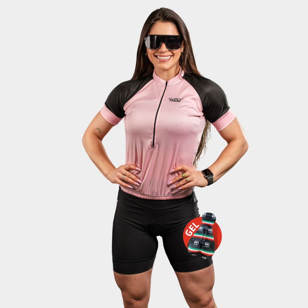 Conjunto Roupa Feminina Ciclismo Kit Blusa Manga Curta Pro Uv Refrescante Bermuda Short Gel Bike Mtb
