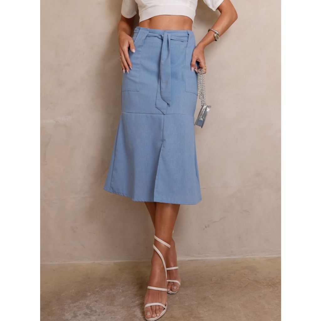 Saia Midi De Linho Com Bolsos Acompanha Cinto em Oferta na Shopee