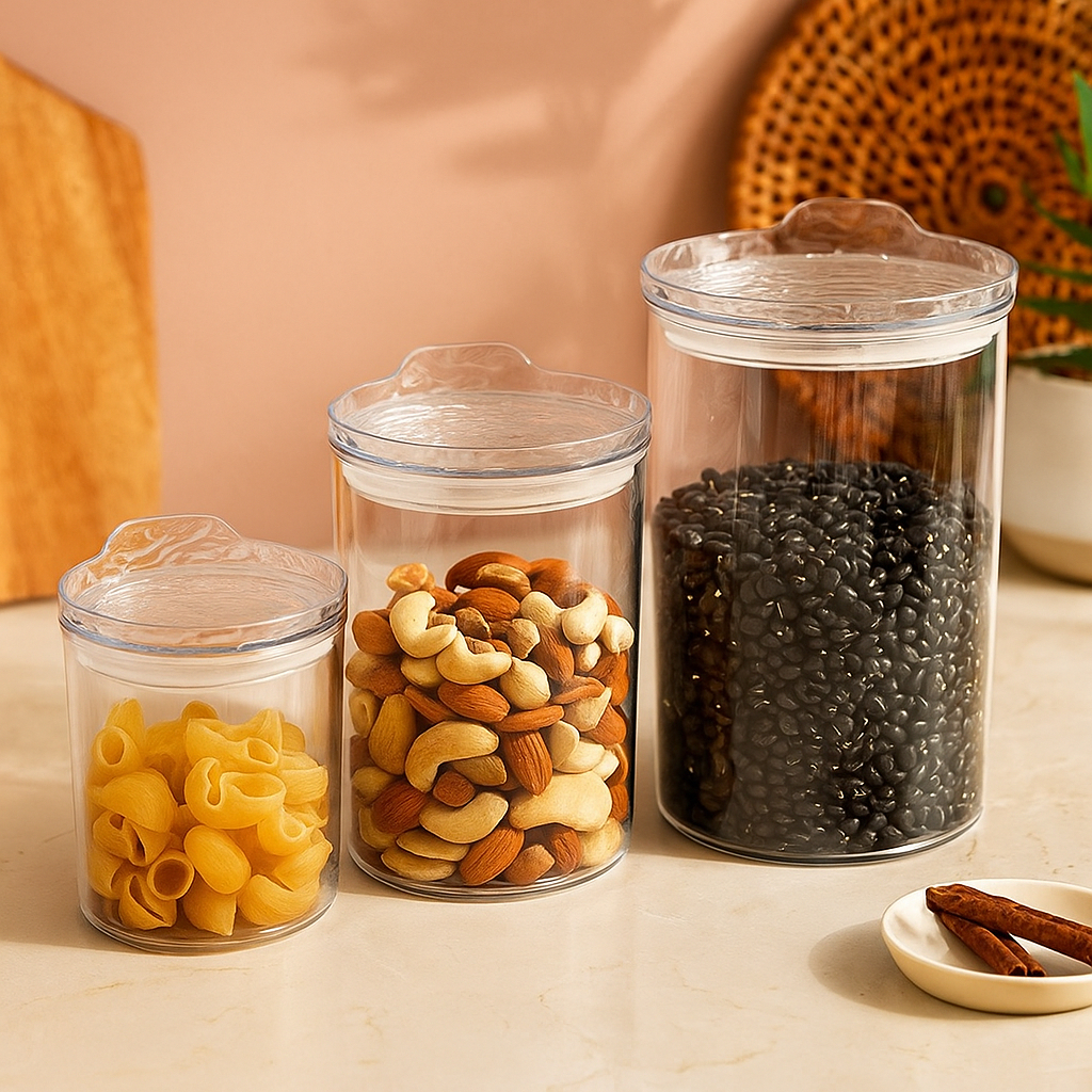 Kit 3 Potes Hermético Redondo Acrílico Transparente Organizador Alimento Cozinha Banheiro Mantimento