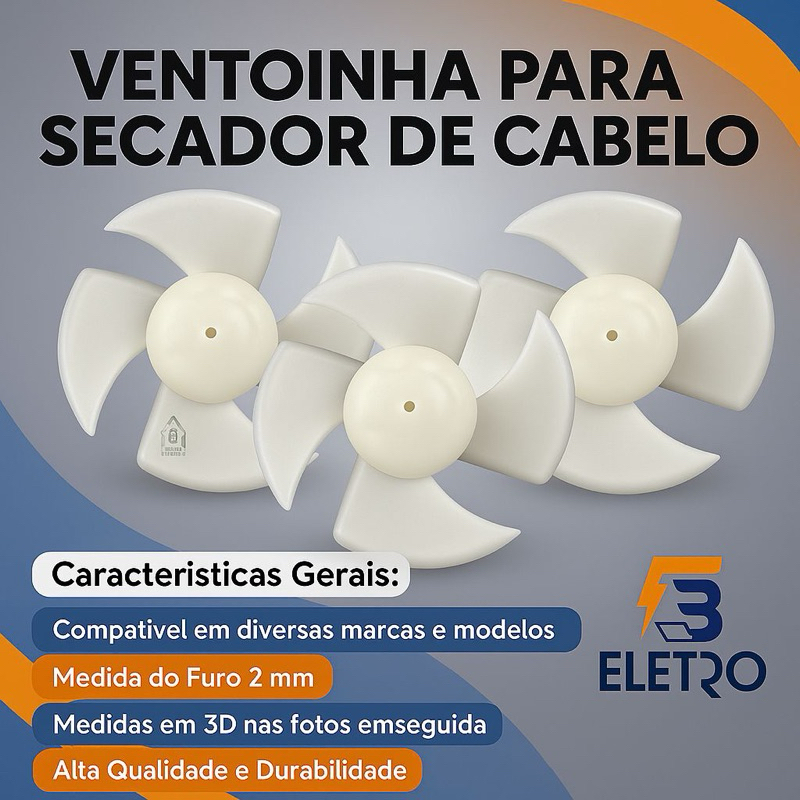 Turbina Ventoinha Hélice Secador Philco Britania MultiLaser Cadence (Kit C/3 Peças em )
