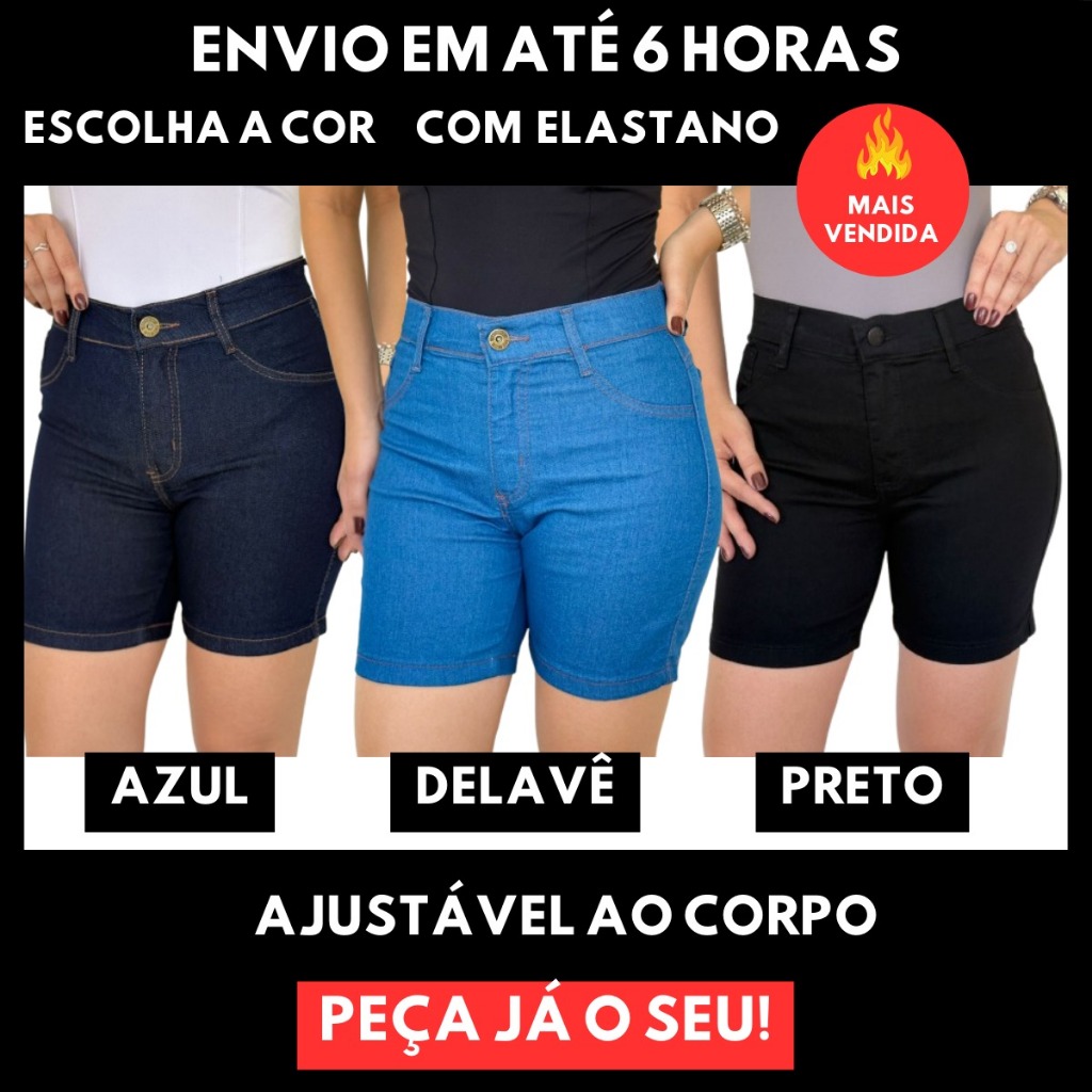 Bermuda Meia Coxa Jeans Feminina Short Elastano Lycra Cintura Alta Empina BumBum em Oferta na Shopee