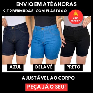 Kit 2 Bermudas Meia Coxa Jeans Feminina Cintura Alta Elastano Lycra Short Levanta BumBum em Oferta na Shopee